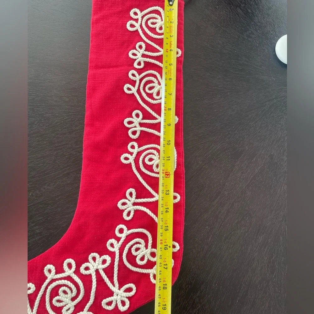 Crate & Barrel Christmas Stocking Red Cream Cotton Rope Cord Scroll 21